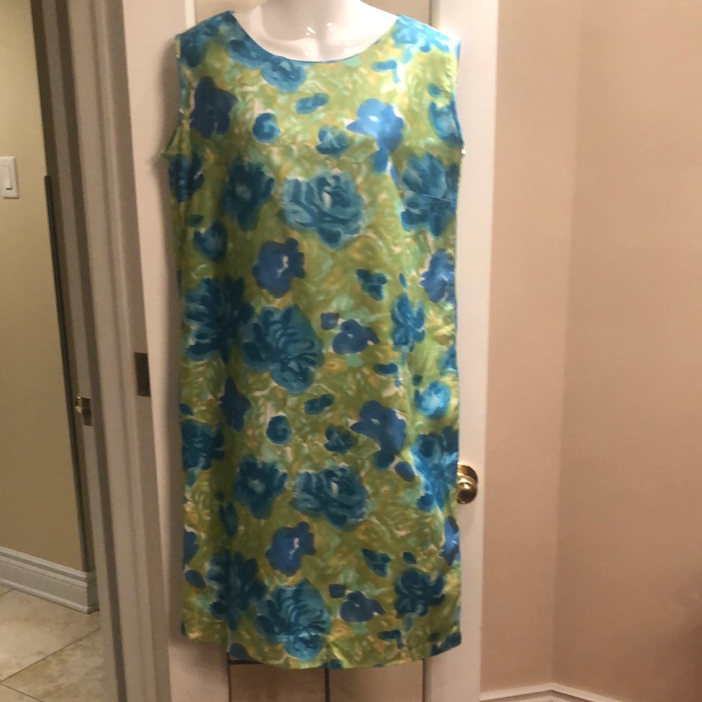 Vintage Sleeveless Floral Shift Dress in Blue and Lime